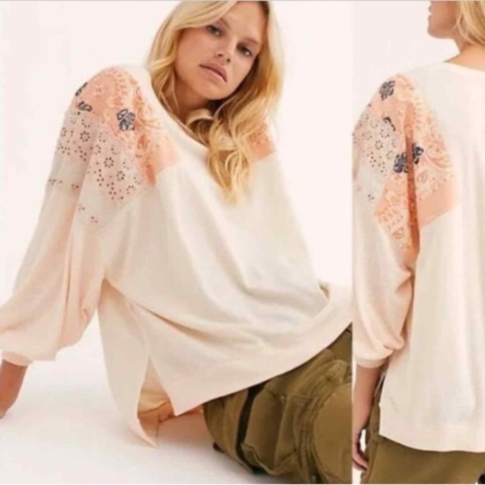 We The Free People Small Feelin It Top‎ Alabaster Combo Oversized Shirt